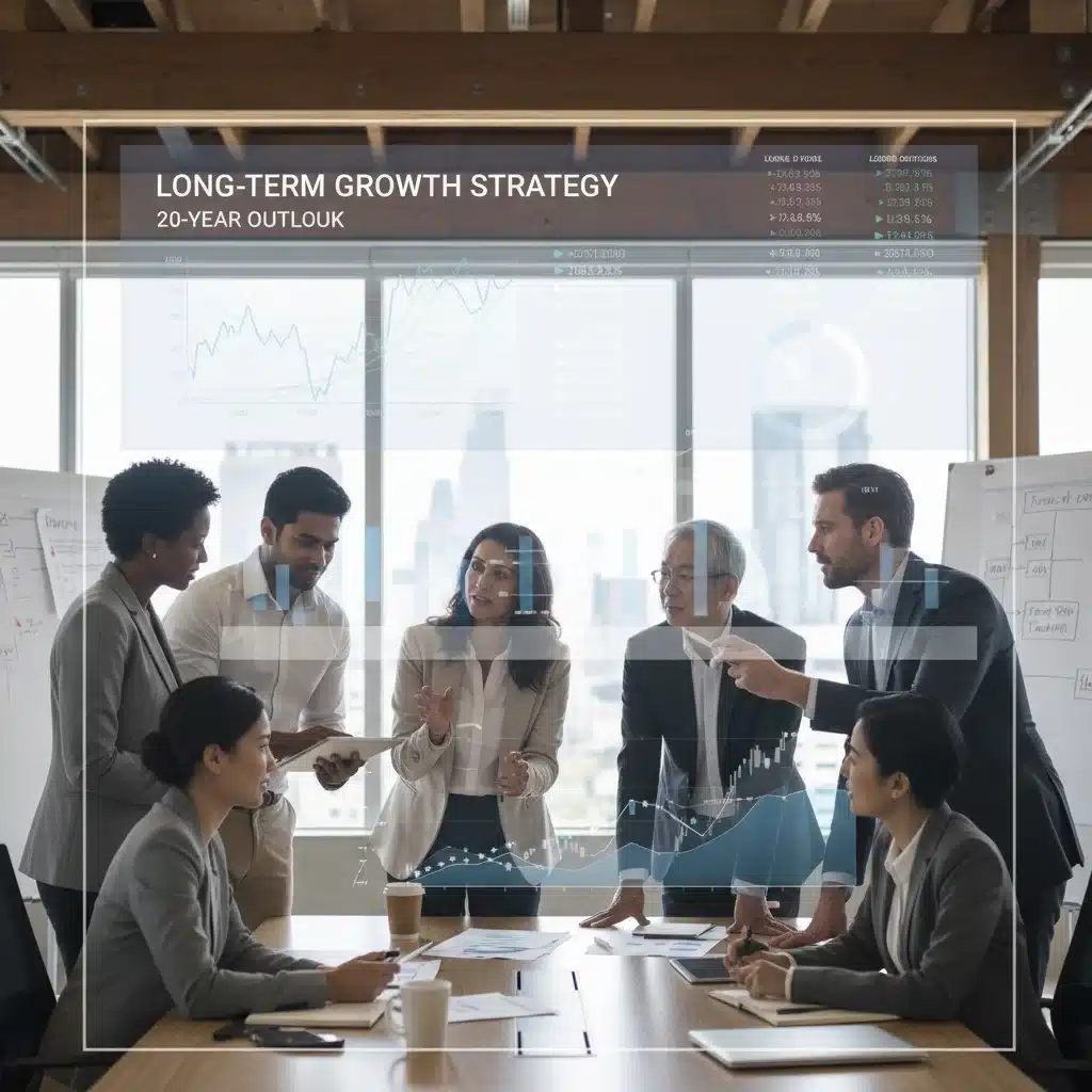 Diverse investors analyzing financial data and planning long-term investment strategies for future economic shifts.