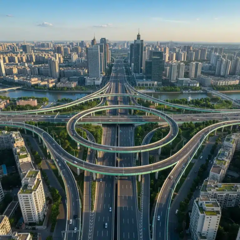 Modern highway interchange with green streetlights and urban landscape