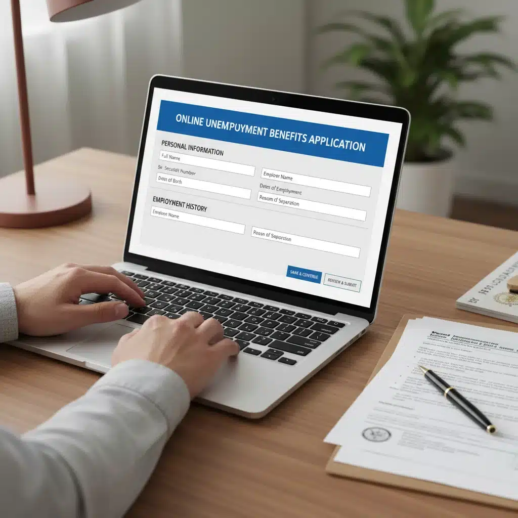 Hands filling out online unemployment benefits application form.