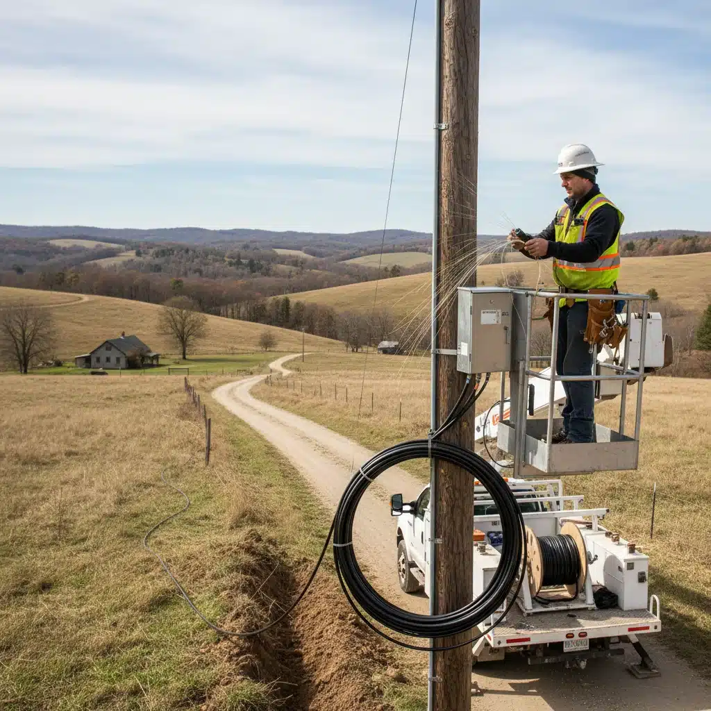Technician installing fiber optic cable in rural area