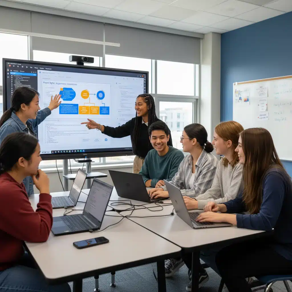 High school students collaborating on a coding project with laptops and interactive screens.
