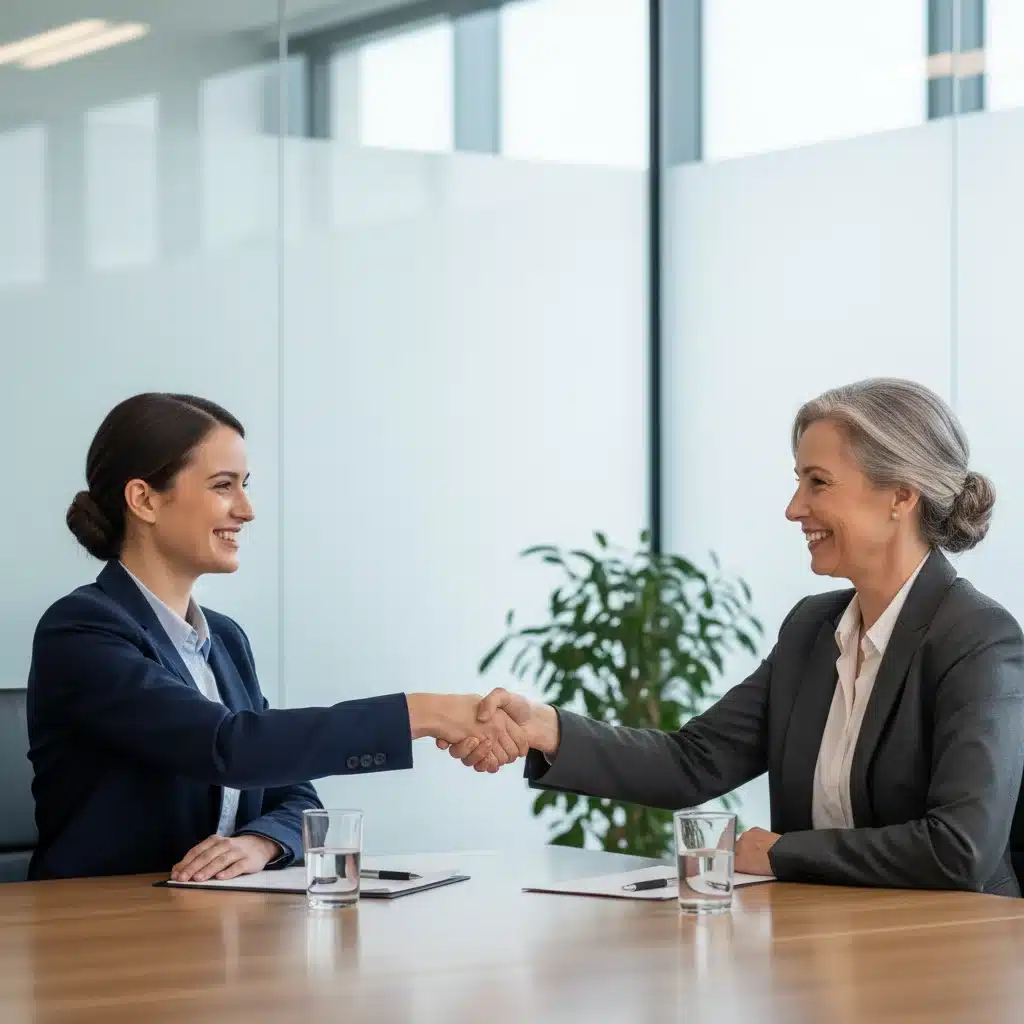 Young professional shaking hands with hiring manager after a successful interview, symbolizing positive engagement.
