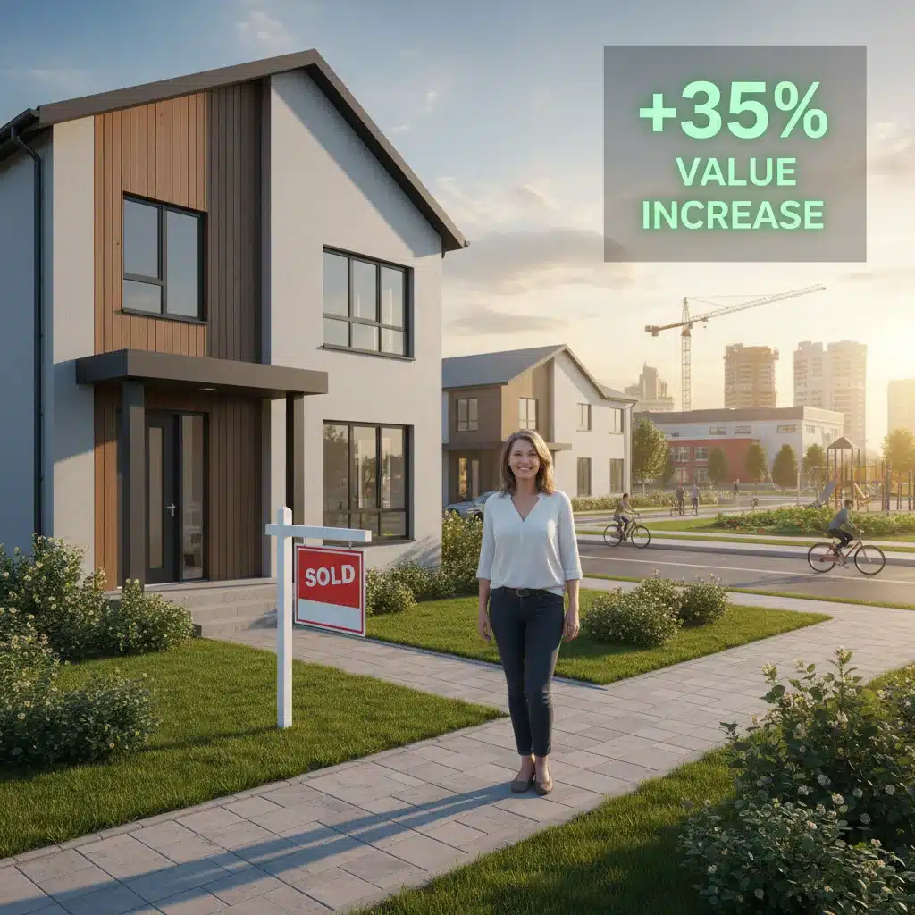 Happy homeowner in front of a sold, renovated house with positive value increase and developing community.
