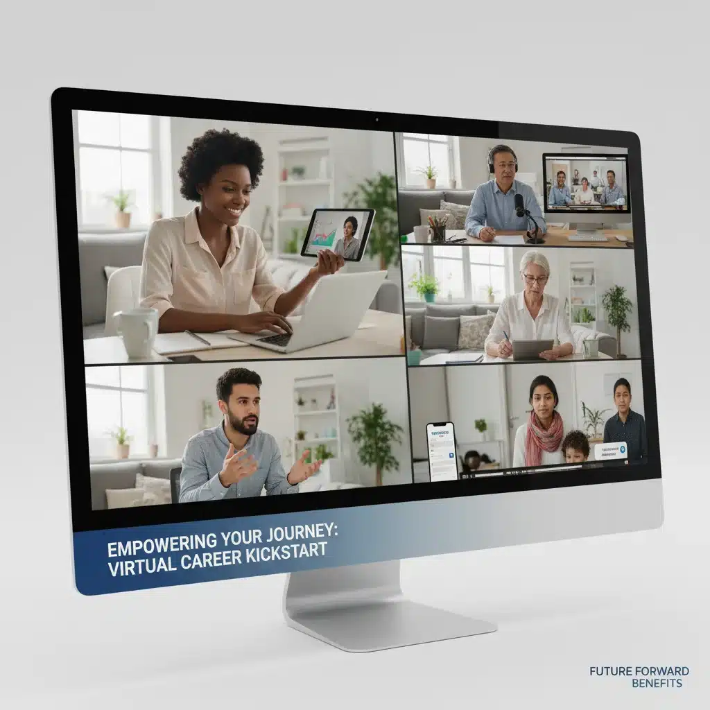 Diverse job seekers participating in a virtual career development workshop.