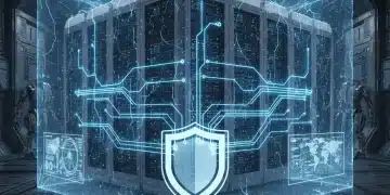 Advanced cybersecurity measures protecting a futuristic data center.