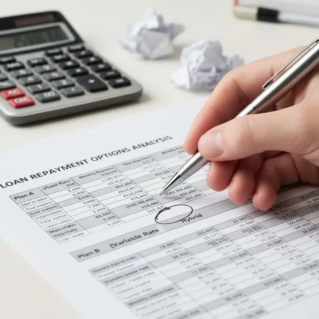 Hand analyzing student loan repayment options and calculations