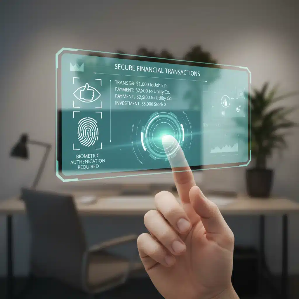 Biometric authentication securing a holographic financial transaction interface.