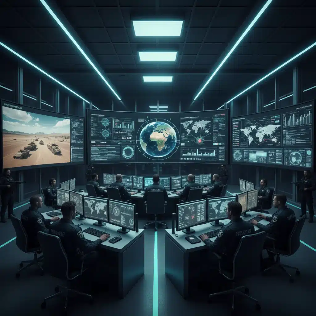 Intelligence analysts monitoring real-time global threats in a high-tech command center.