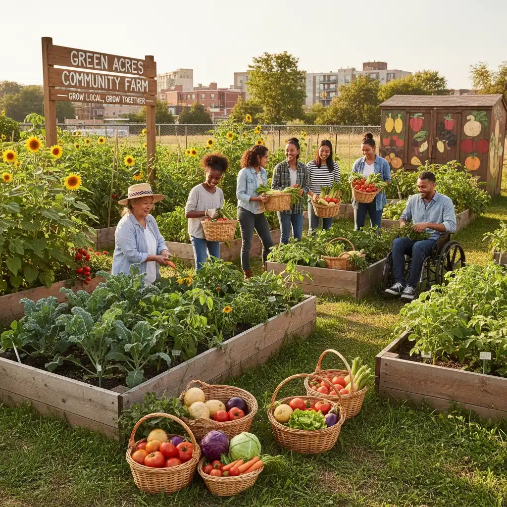Community garden members harvesting fresh produce