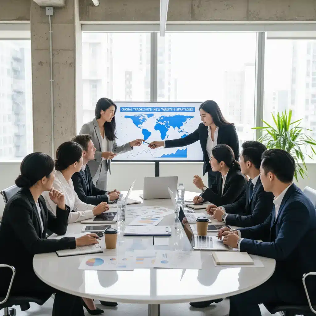 Business professionals strategizing in response to new trade policies, analyzing financial data and market trends.