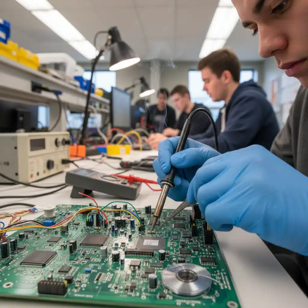 Student hands working on circuit board, learning electronics and IT support skills.