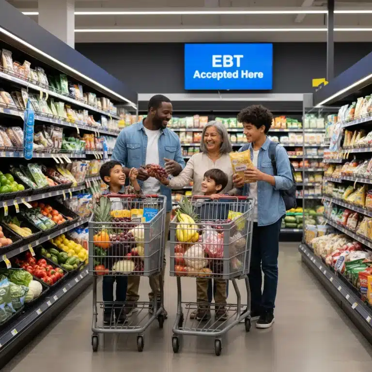 Family confidently using EBT card for smart grocery shopping
