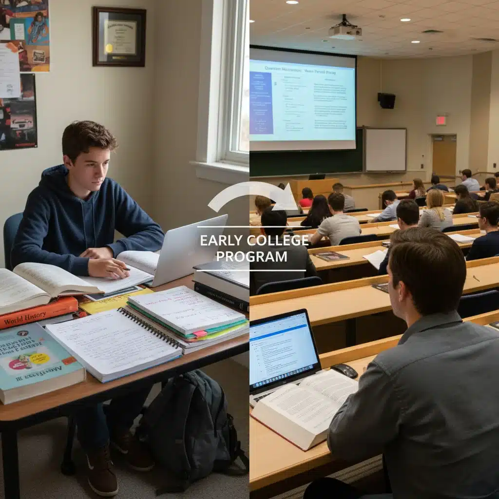 Student transitioning from high school study to college lecture.