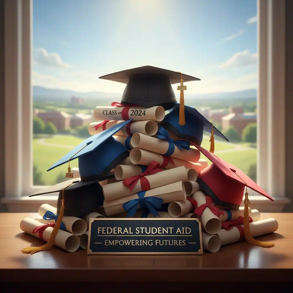 Graduation caps and diplomas representing successful higher education with federal aid support.