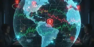 Holographic world map showing US national security threats and international relations in 2026.