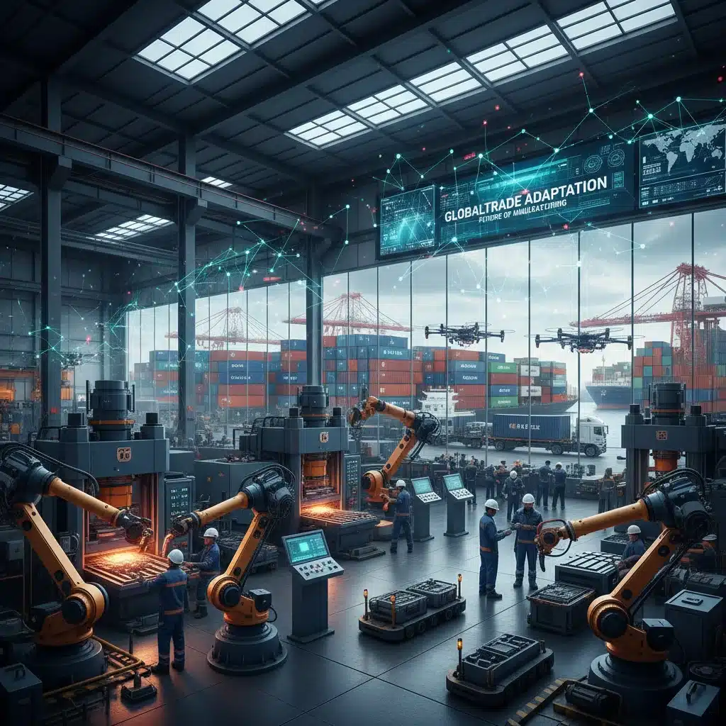 Manufacturing sector adapting to new trade agreements, showing factory operations and supply chain logistics.