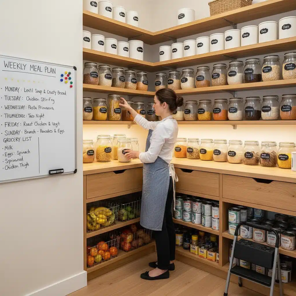 Organized pantry with smart food storage and meal plan
