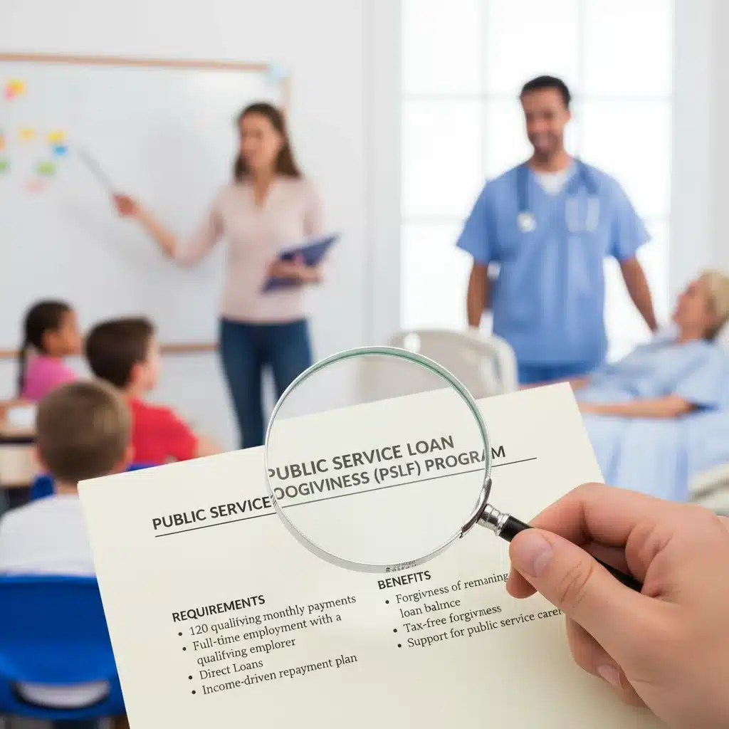 Magnifying glass examining Public Service Loan Forgiveness PSLF document with public service workers in background
