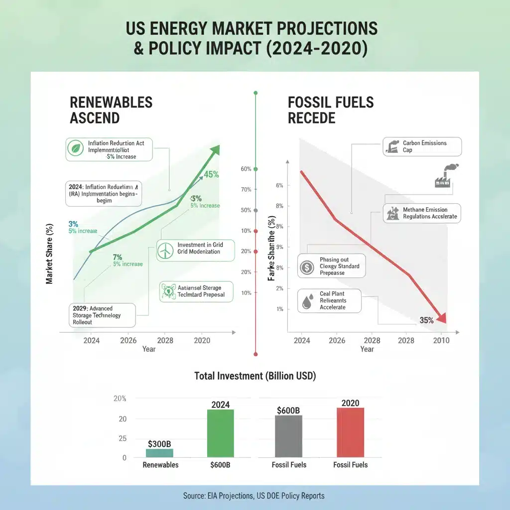 Infographic comparing US renewable energy growth versus fossil fuel decline projections 2024-2030