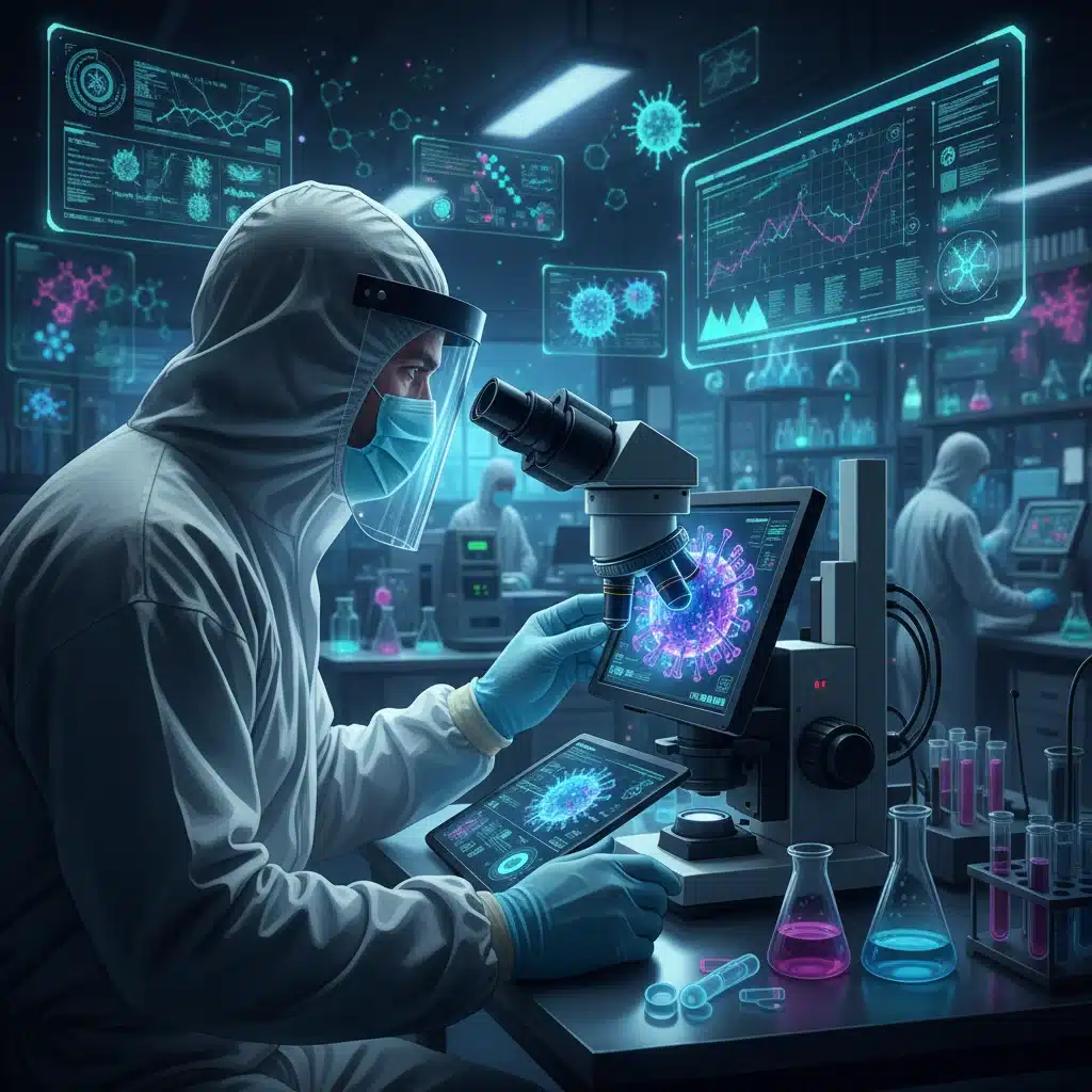 Scientist researching novel pathogen, emphasizing early detection and scientific advancements in public health.