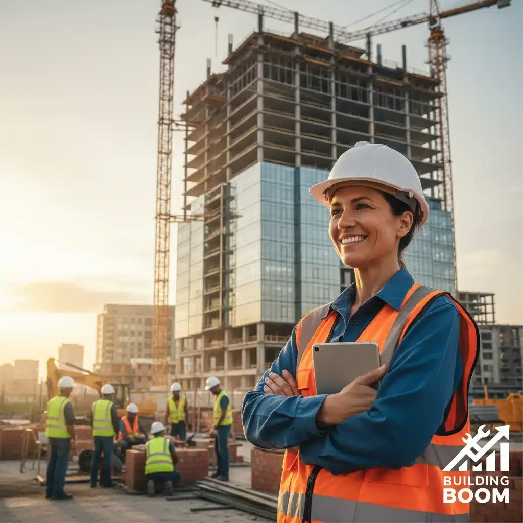 Construction worker overseeing modern building project, representing skilled trades demand.