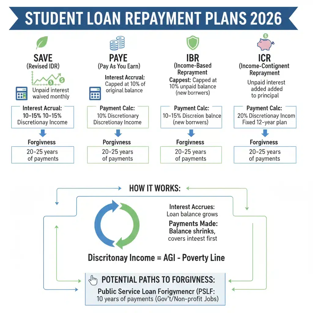 Infographic detailing various student loan repayment plans and their features
