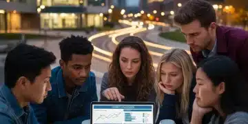Students analyzing student loan debt data on a laptop, contemplating financial future