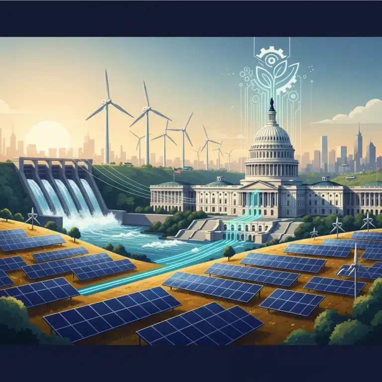 Illustration of diverse renewable energy sources with the US Capitol, symbolizing 2026 policy shifts